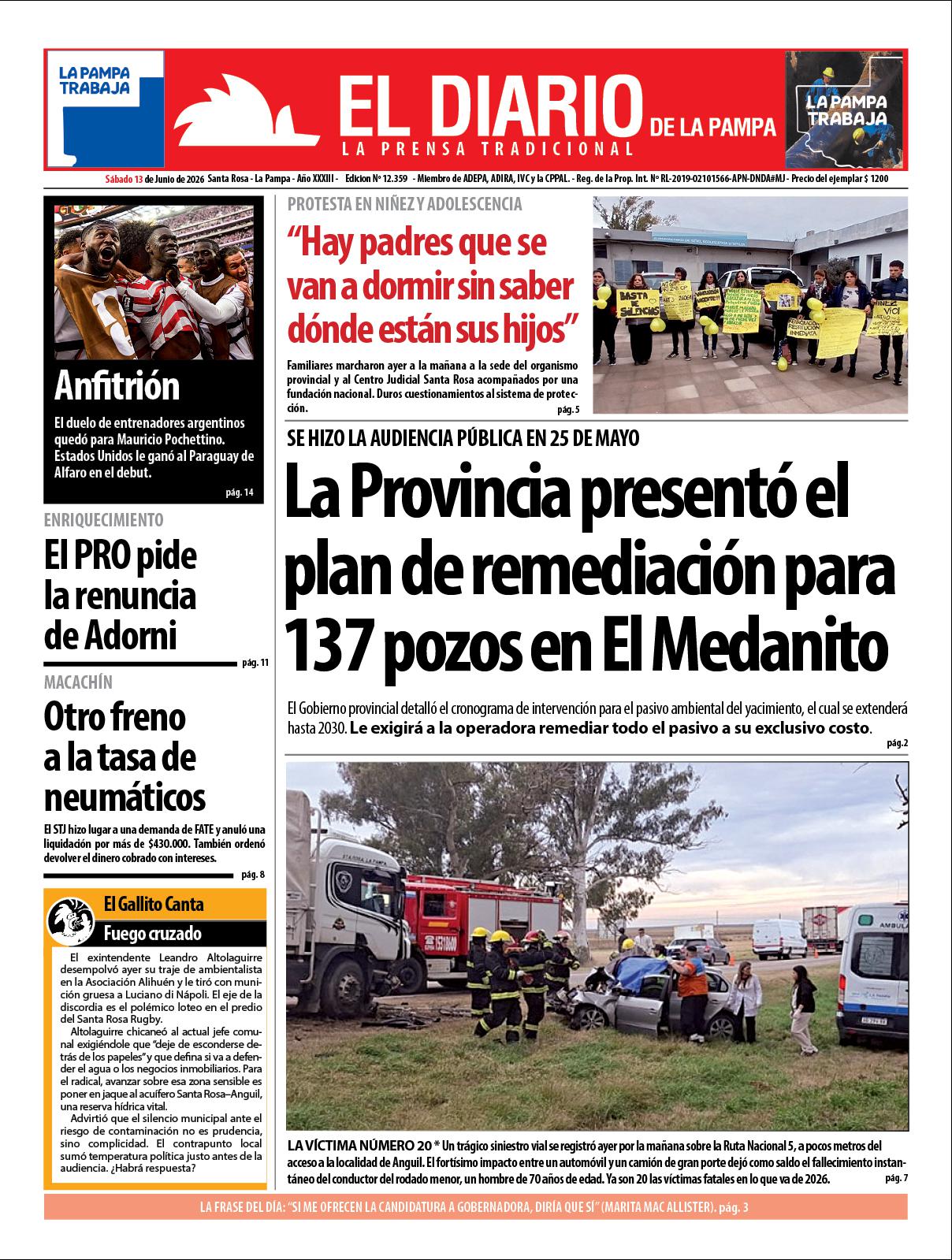 Tapa de El Diario en papel  saacutebado 13 de junio de 2026
